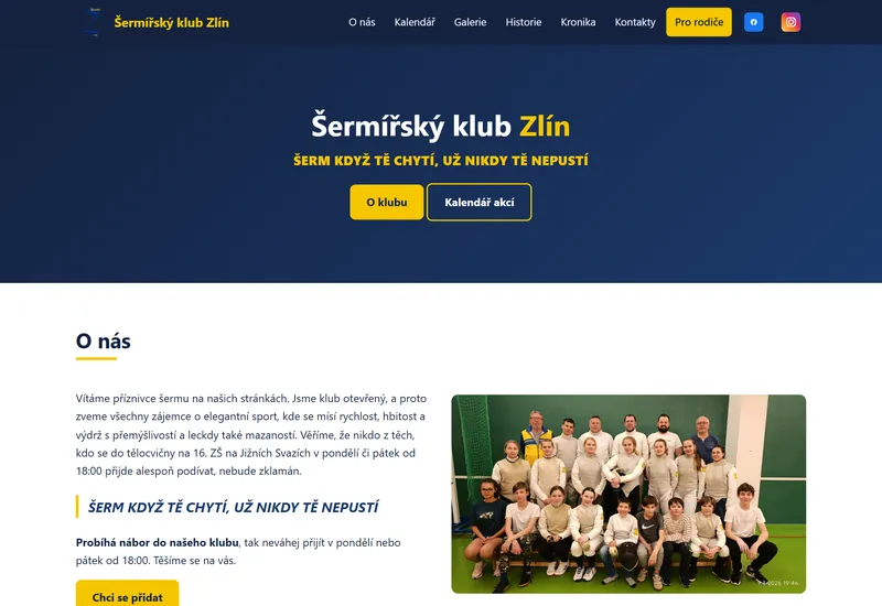 Náhled webu Šermířského klubu Zlín — úvodní stránka s náborem do klubu