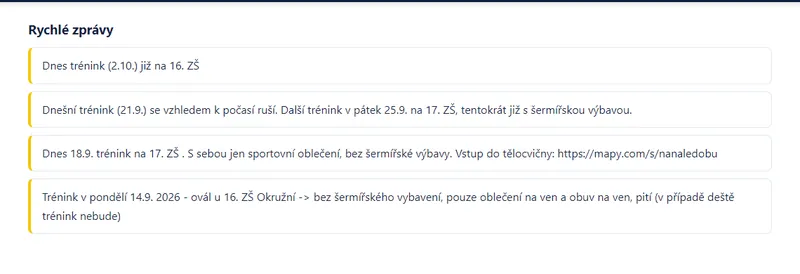 Rychlé zprávy na webu Šermířského klubu Zlín s informacemi o změnách tréninků a potřebné výbavě