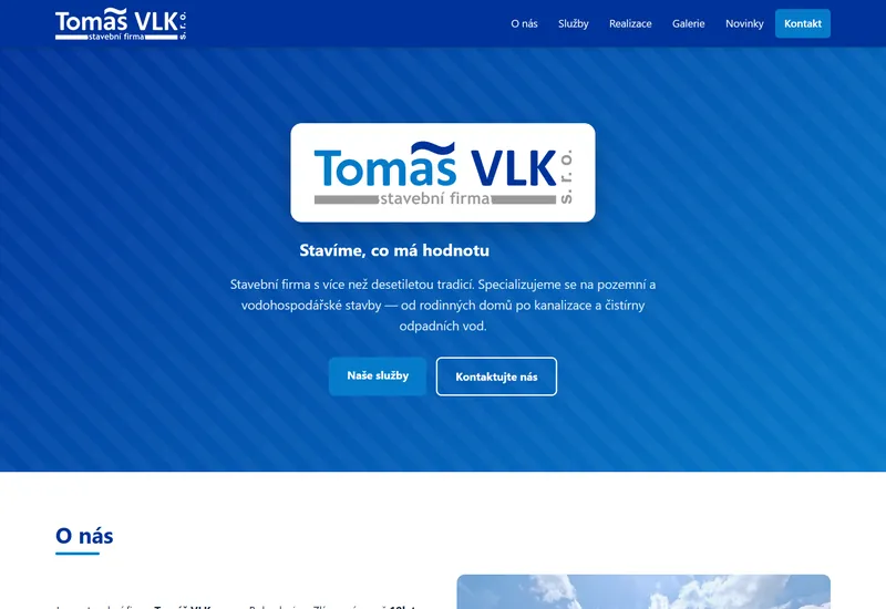 Náhled webu stavební firmy Tomáš Vlk — úvodní stránka se službami