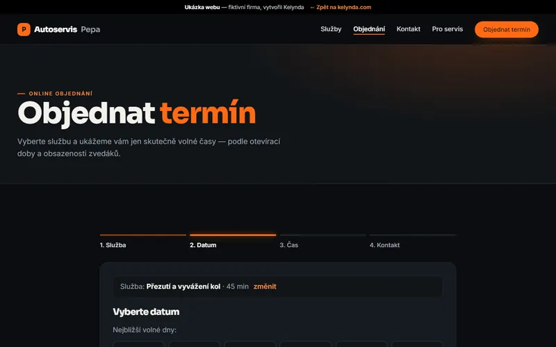 Online objednání termínu v ukázce Autoservis Pepa s kroky služba, datum, čas a kontakt