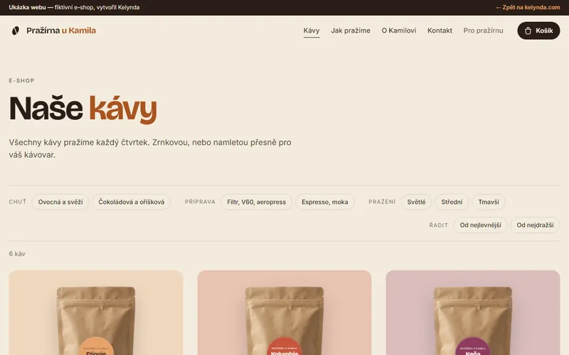 Katalog e-shopu Pražírna u Kamila s filtry podle chuti, přípravy a stupně pražení
